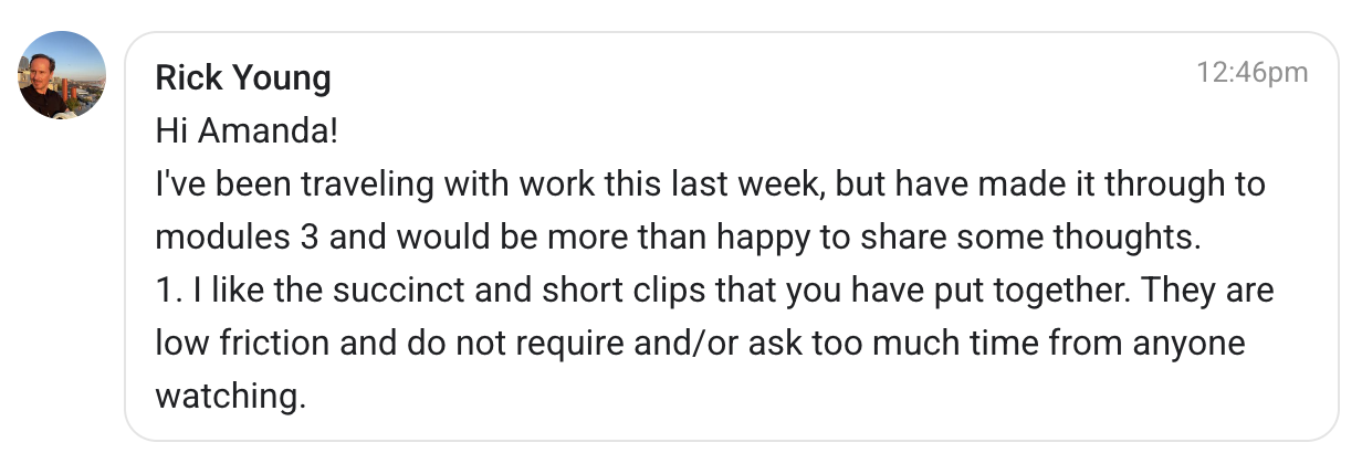 Course feedback screenshot from Rick Young